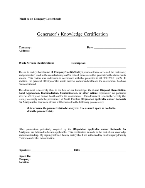 Generator's Knowledge Certification - South Carolina Download Pdf