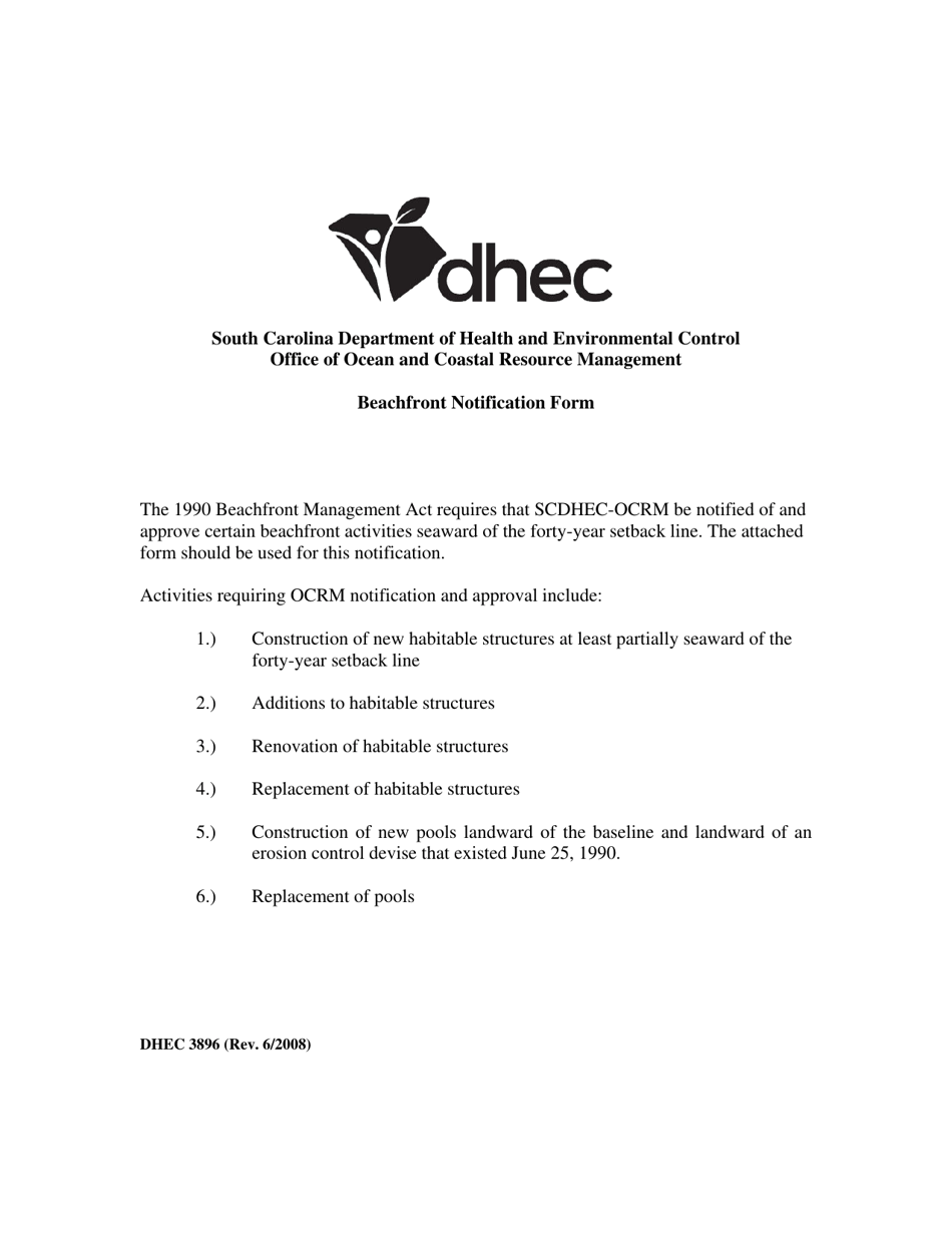DHEC Form 3896 Beachfront Notification Form - South Carolina, Page 1