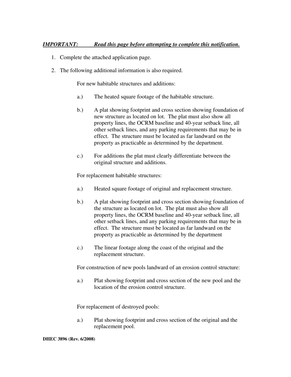DHEC Form 3896 Beachfront Notification Form - South Carolina, Page 2