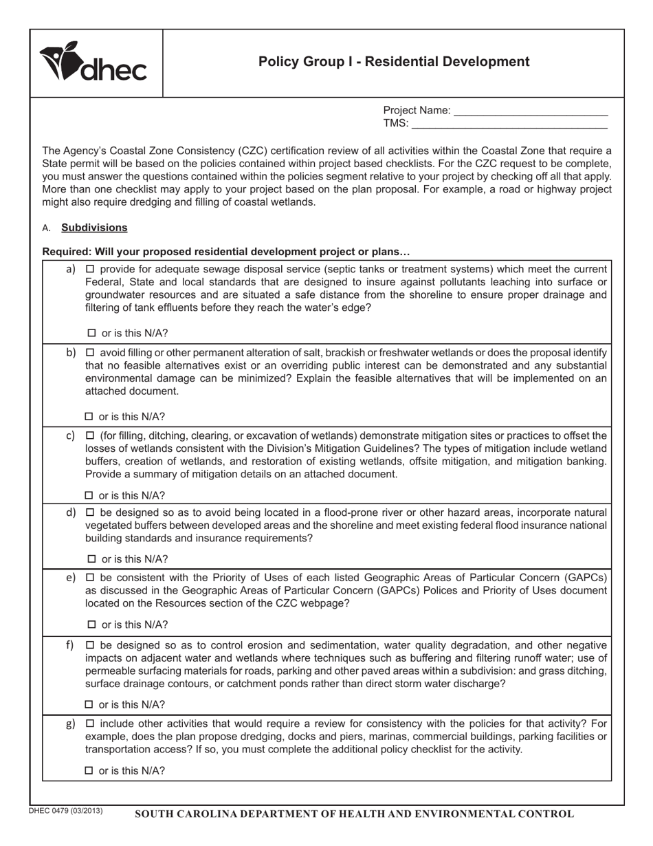 DHEC Form 0479 Policy Group I - Residential Development - South Carolina, Page 1