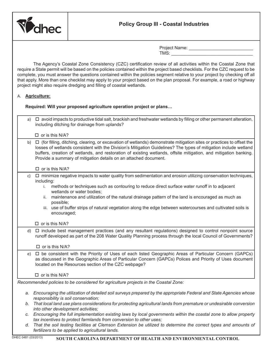 DHEC Form 0481 Policy Group Iii - Coastal Industries - South Carolina, Page 1