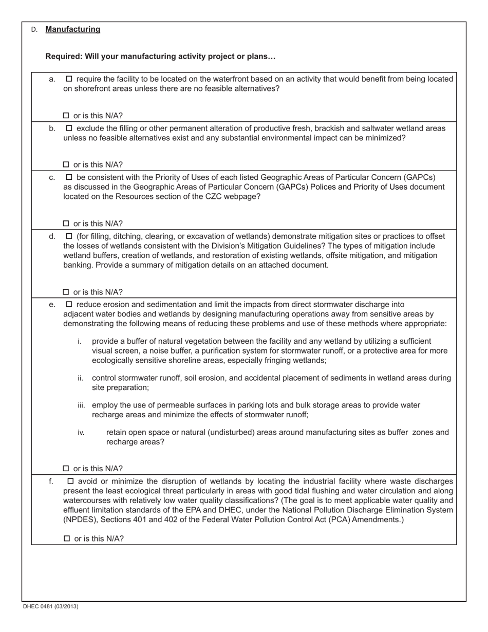 DHEC Form 0481 Policy Group Iii - Coastal Industries - South Carolina, Page 4