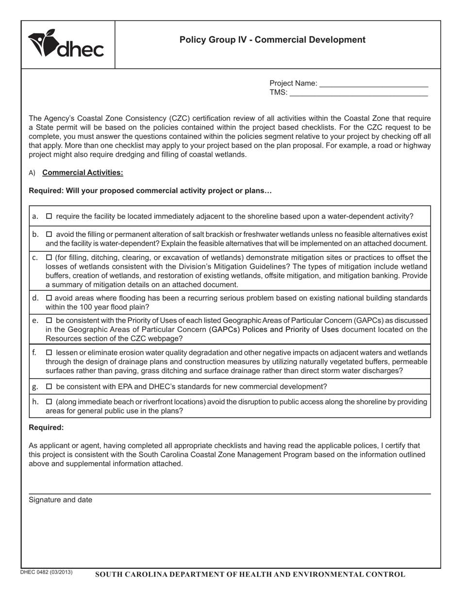DHEC Form 0482 Policy Group IV - Commercial Development - South Carolina, Page 1