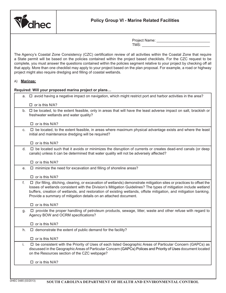 DHEC Form 0485 Policy Group VI - Marine Related Facilities - South Carolina, Page 1