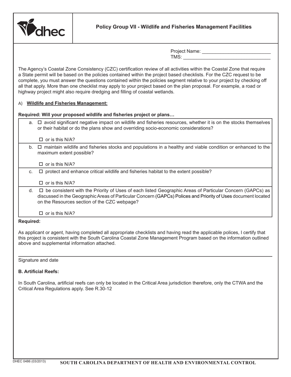 DHEC Form 0486 Policy Group VII - Wildlife and Fisheries Management Facilities - South Carolina, Page 1