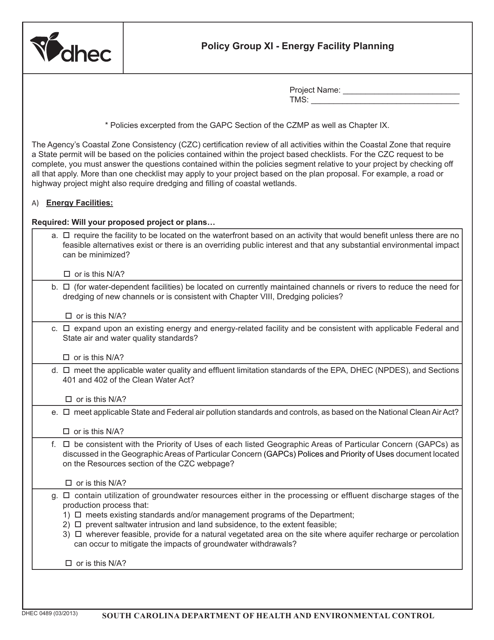 DHEC Form 0489 Policy Group XI - Energy Facility Planning - South Carolina