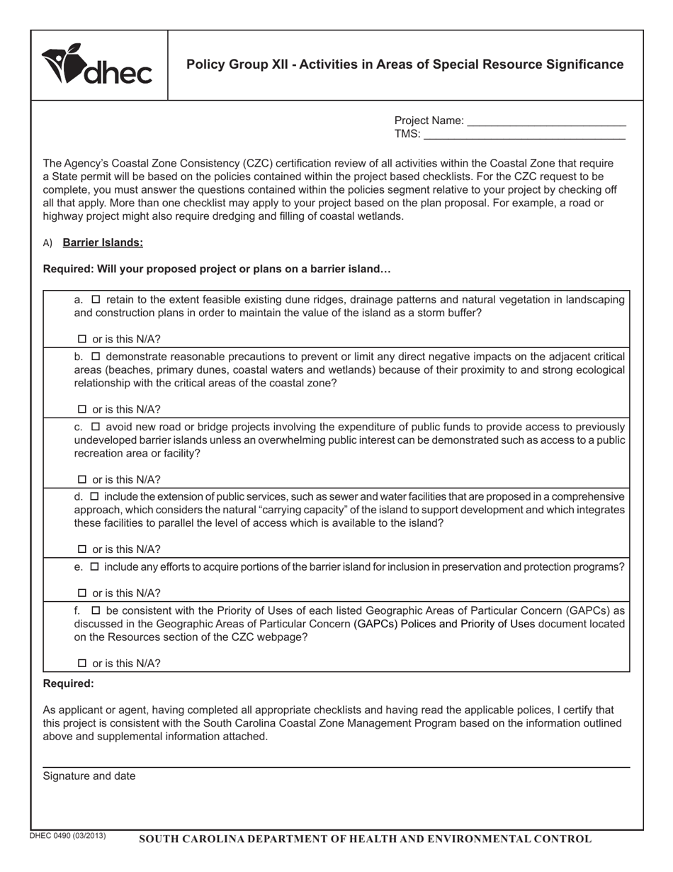 DHEC Form 0490 Download Fillable PDF or Fill Online Policy Group XII ...