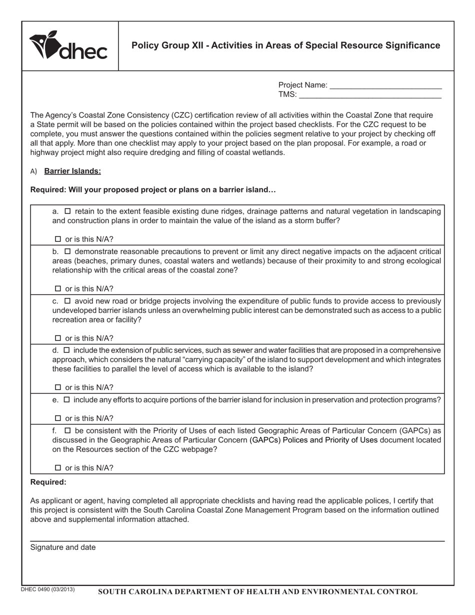 DHEC Form 0490 Policy Group XII - Activities in Areas of Special Resource Significance - South Carolina, Page 1
