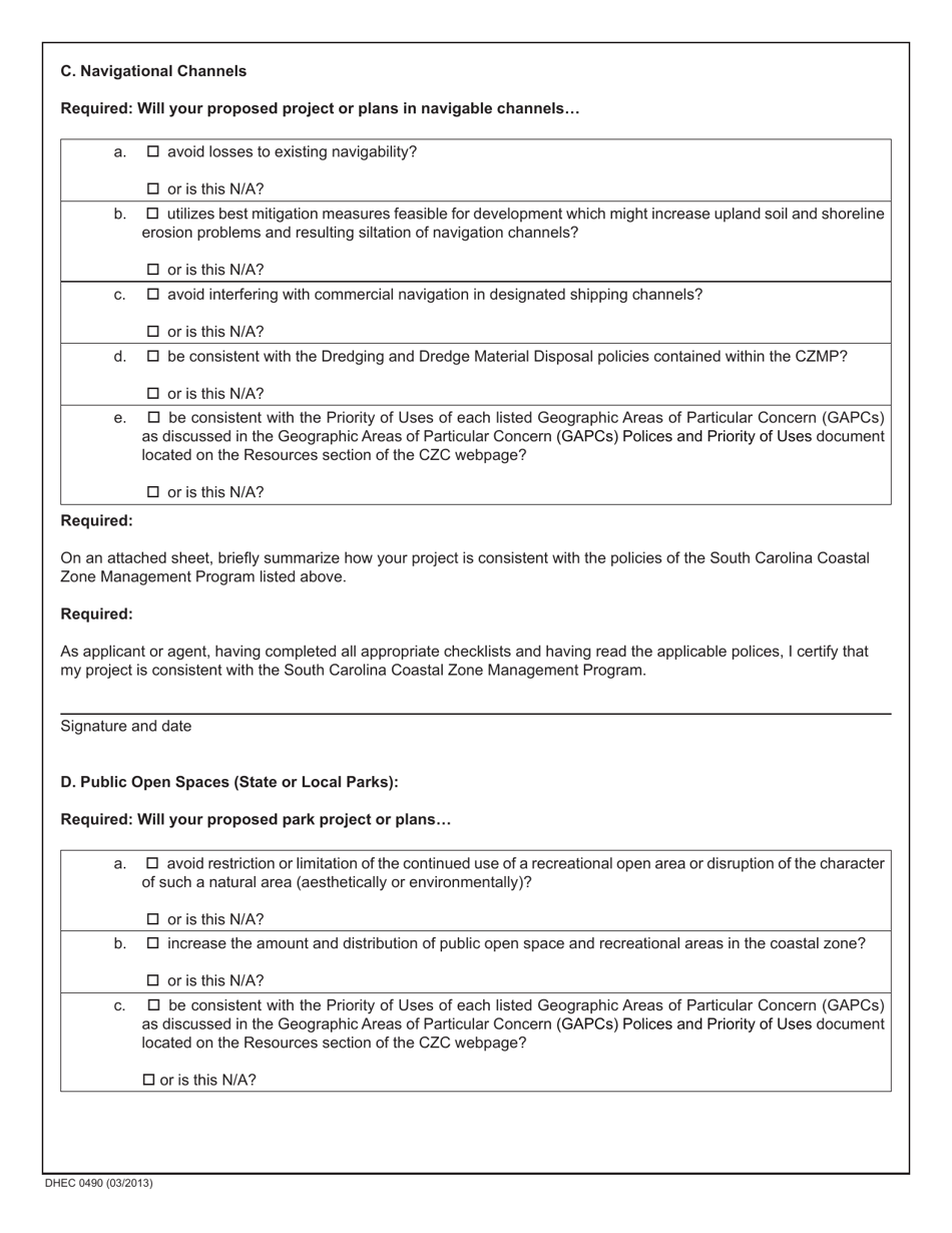 DHEC Form 0490 Policy Group XII - Activities in Areas of Special Resource Significance - South Carolina, Page 3