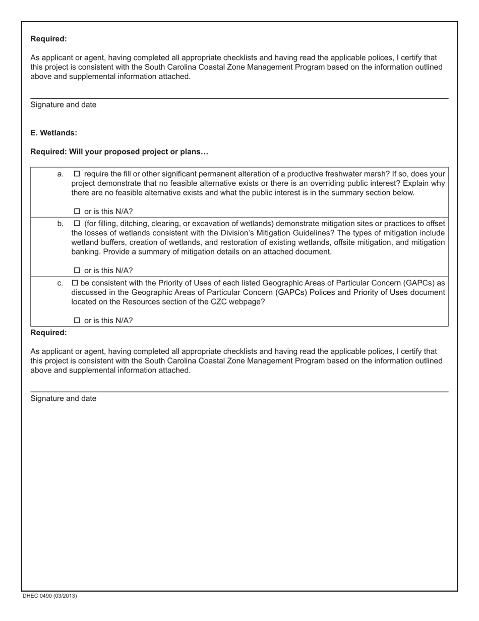 DHEC Form 0490 Policy Group XII - Activities in Areas of Special Resource Significance - South Carolina, Page 4