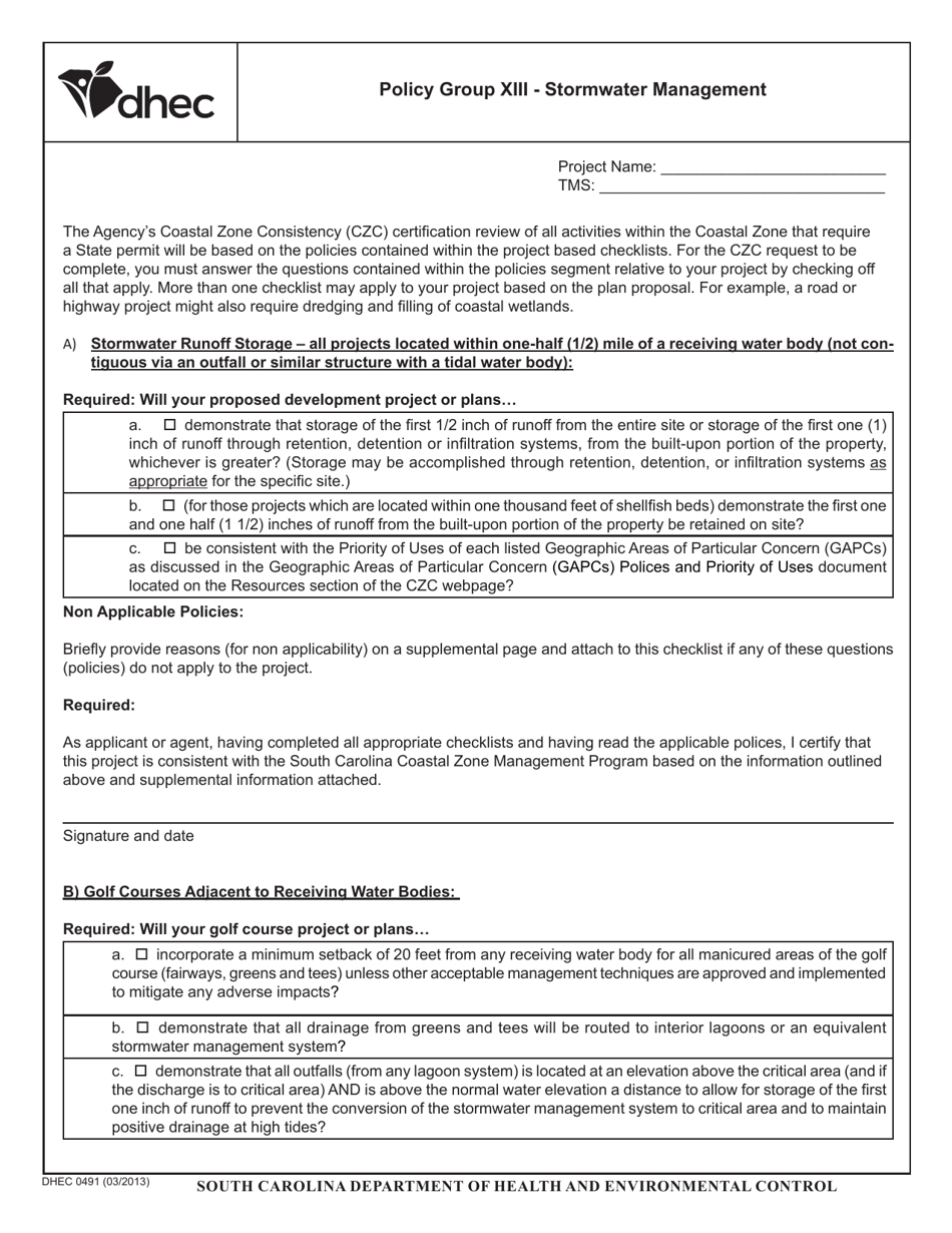 DHEC Form 0491 Policy Group Xiii - Stormwater Management - South Carolina, Page 1