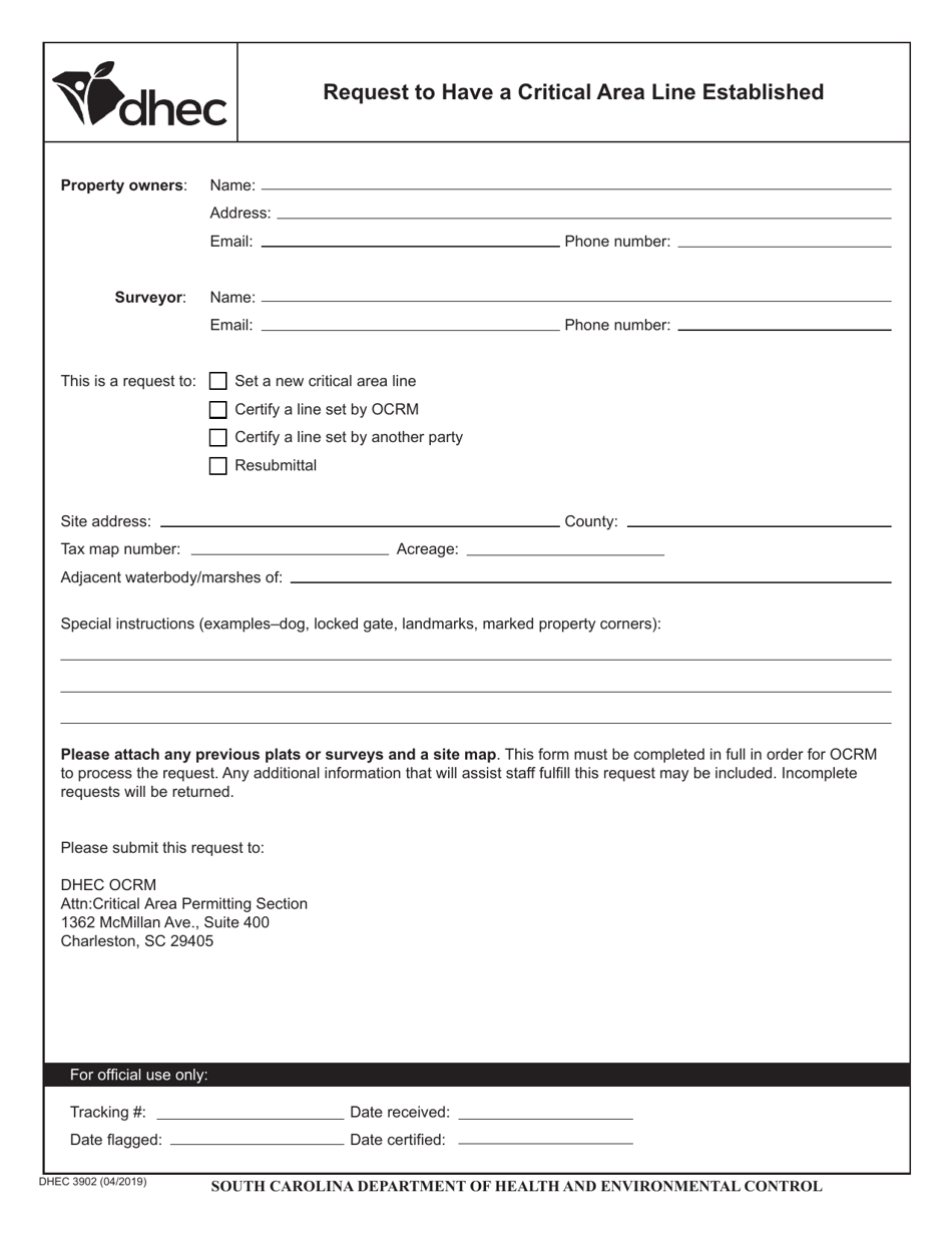 DHEC Form 3902 Request to Have a Critical Area Line Established - South Carolina, Page 1