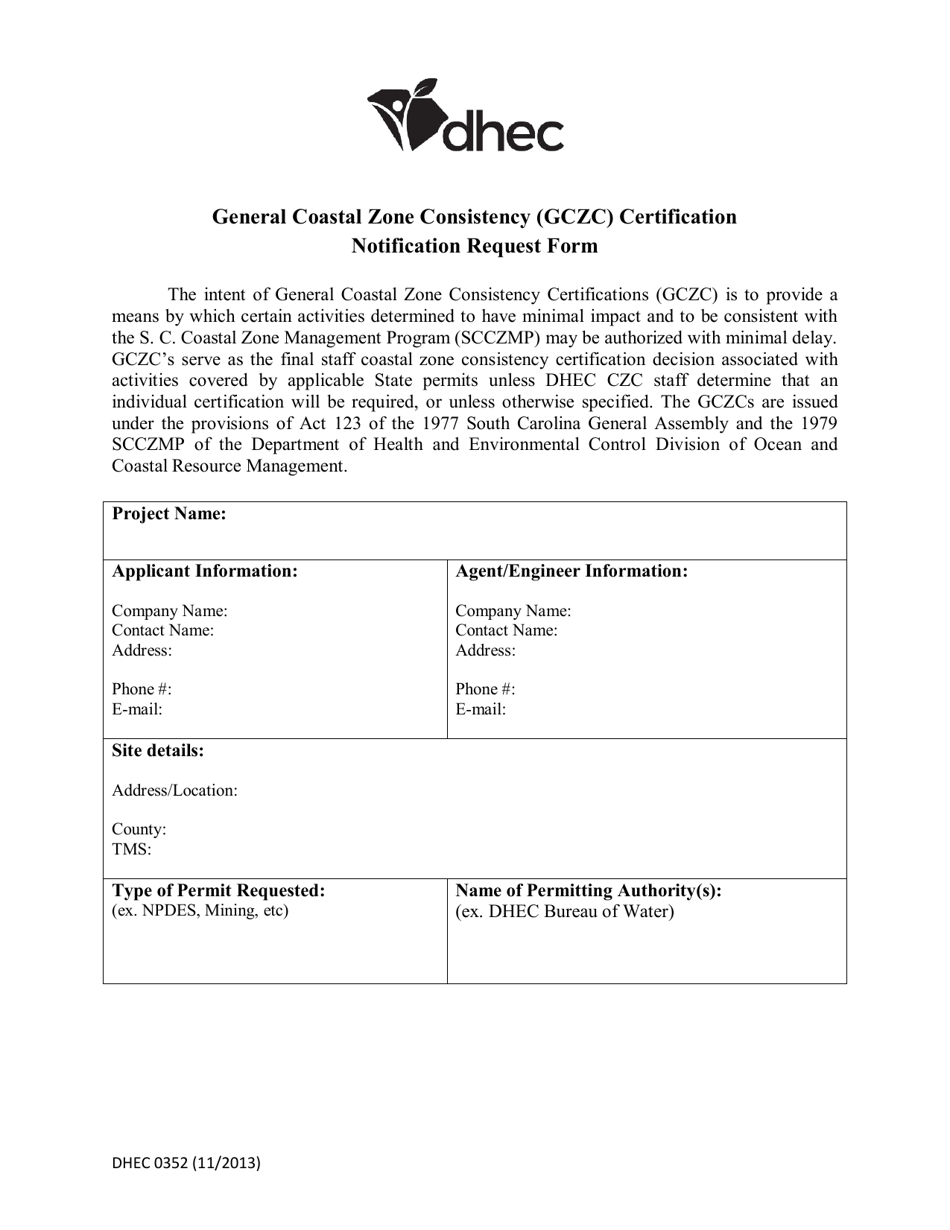 DHEC Form 0352 General Coastal Zone Consistency (Gczc) Certification Notification Request Form - South Carolina, Page 1