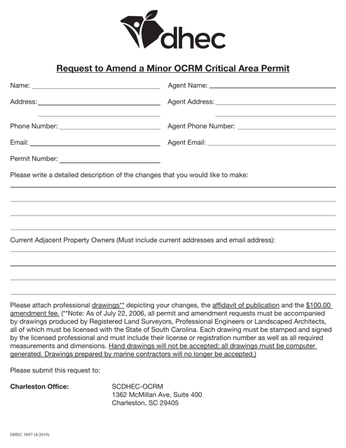 DHEC Form 3897 Request to Amend a Minor Ocrm Critical Area Permit - South Carolina