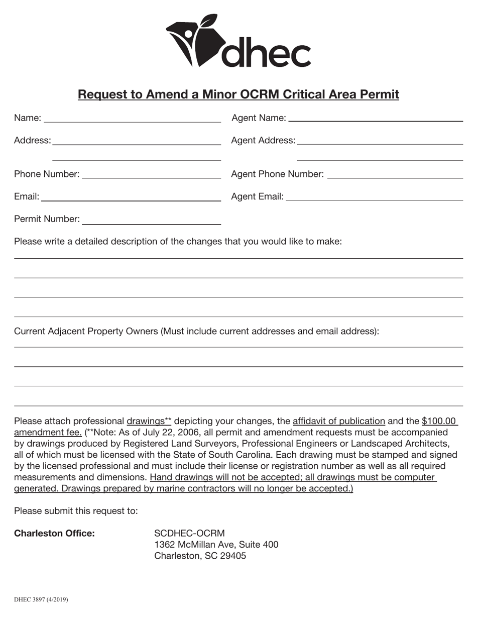 DHEC Form 3897 Request to Amend a Minor Ocrm Critical Area Permit - South Carolina, Page 1