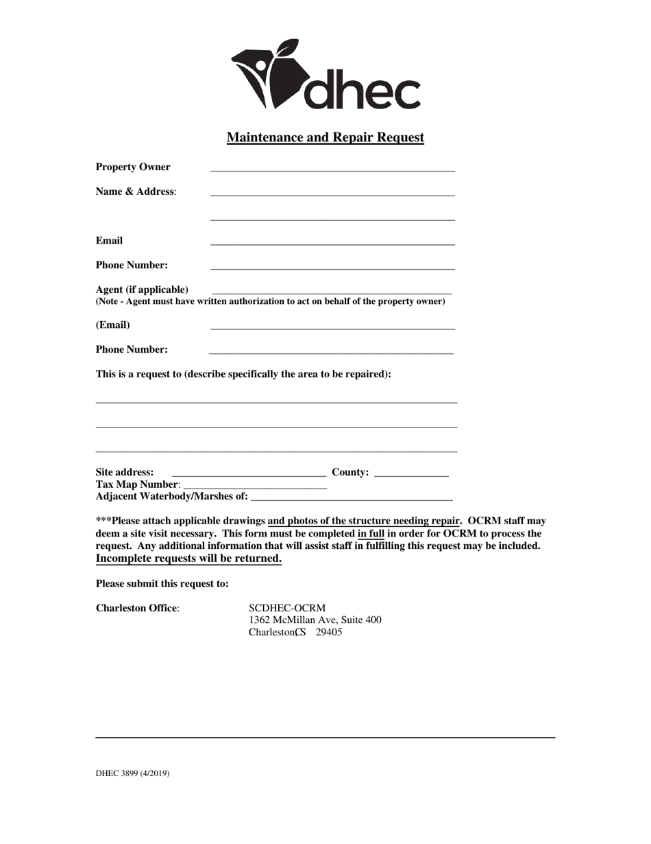 DHEC Form 3899 Maintenance and Repair Request - South Carolina, Page 1
