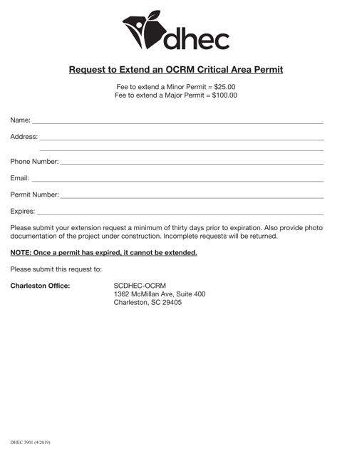 DHEC Form 3901 Request to Extend an Ocrm Critical Area Permit - South Carolina