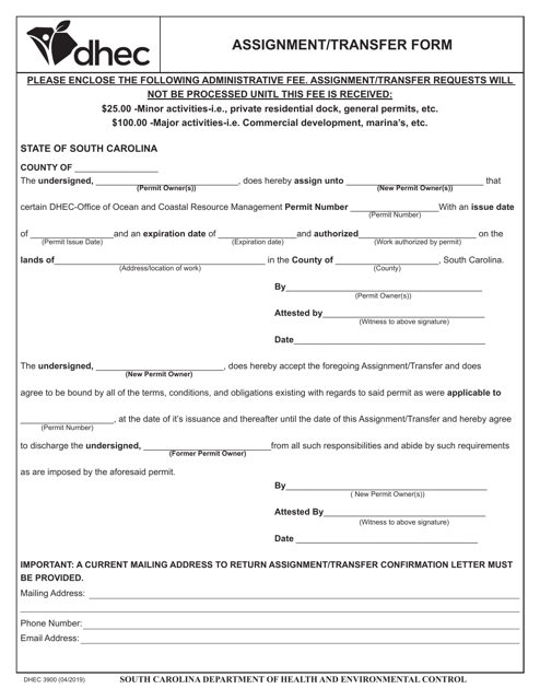 DHEC Form 3900 Assignment/Transfer Form - South Carolina