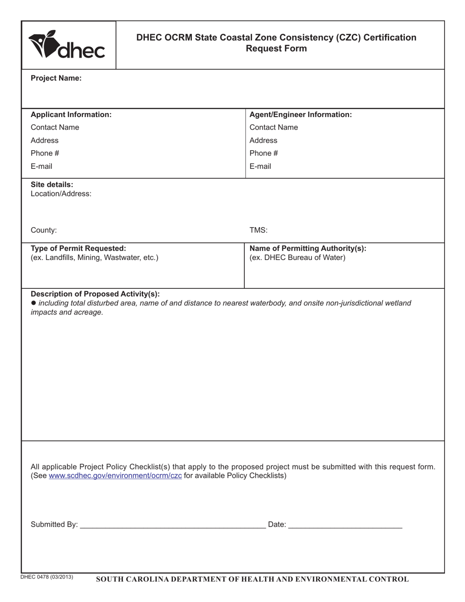 DHEC Form 0478 Dhec Ocrm State Coastal Zone Consistency (Czc) Certification Request Form - South Carolina, Page 1