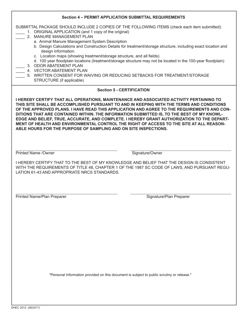DHEC Form 2512 Standard Application Form for an Agricultural Permit for Stacking Sheds / Composters - South Carolina, Page 2