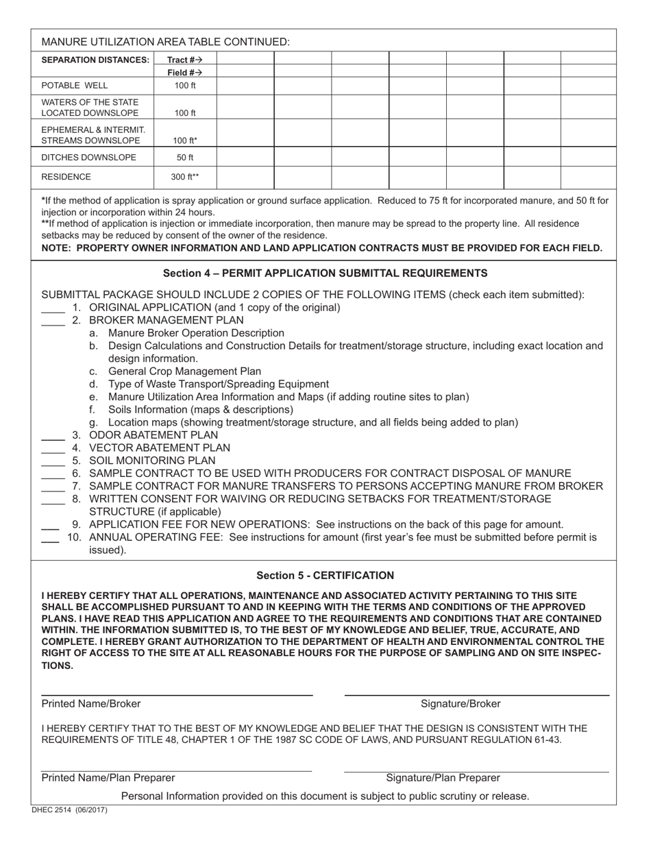 DHEC Form 2514 Standard Application Form for Agricultural Manure Brokers - South Carolina, Page 2