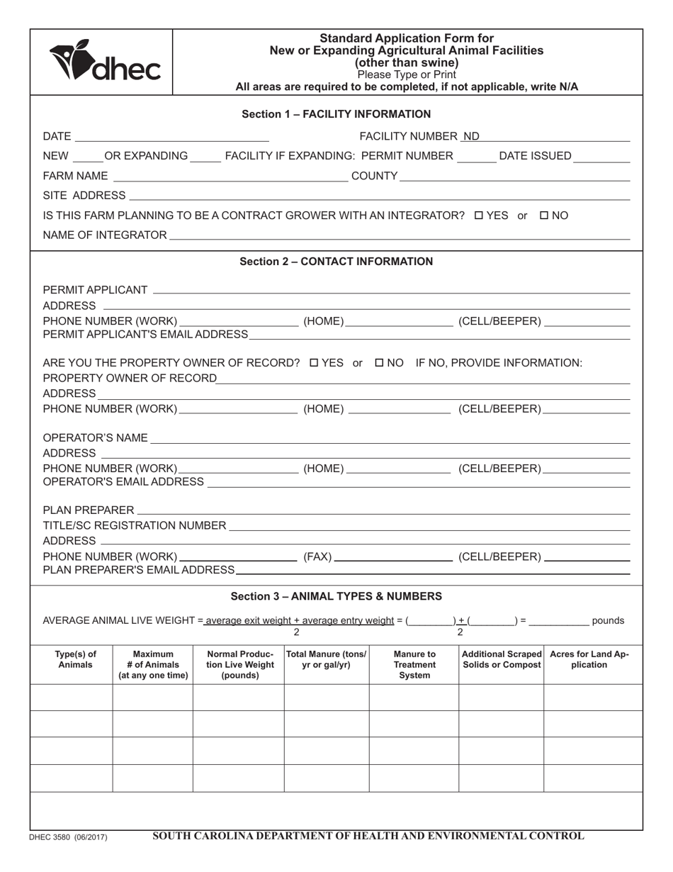 DHEC Form 3580 Standard Application Form for New or Expanding Agricultural Animal Facilities (Other Than Swine) - South Carolina, Page 1