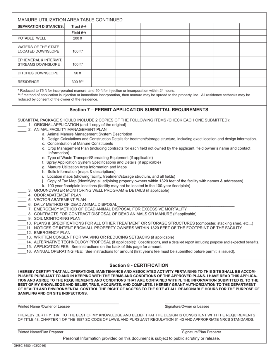 DHEC Form 3580 Standard Application Form for New or Expanding Agricultural Animal Facilities (Other Than Swine) - South Carolina, Page 3