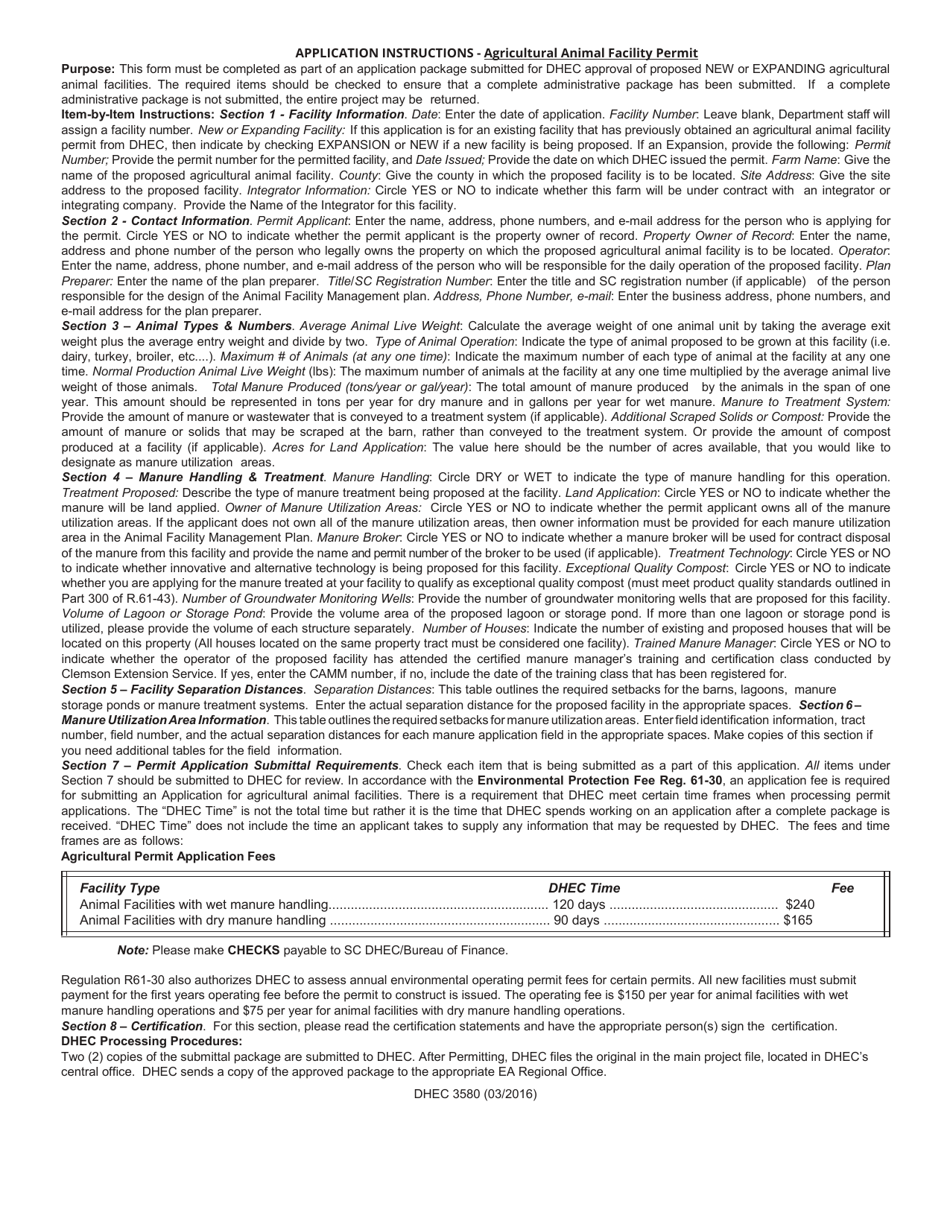 DHEC Form 3580 Standard Application Form for New or Expanding Agricultural Animal Facilities (Other Than Swine) - South Carolina, Page 4