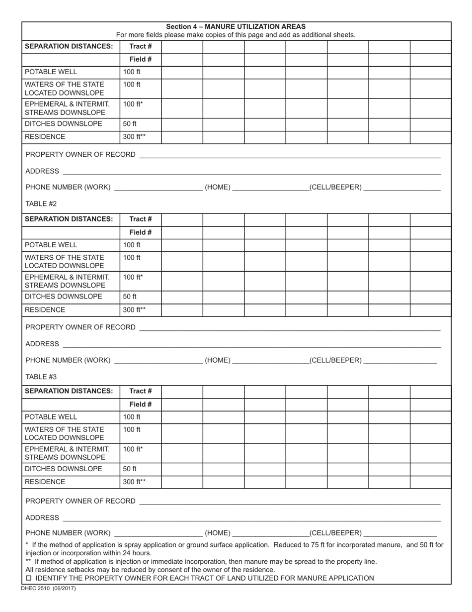 DHEC Form 2510 Standard Application Form for Agricultural Manure Applicators Permit - South Carolina, Page 2