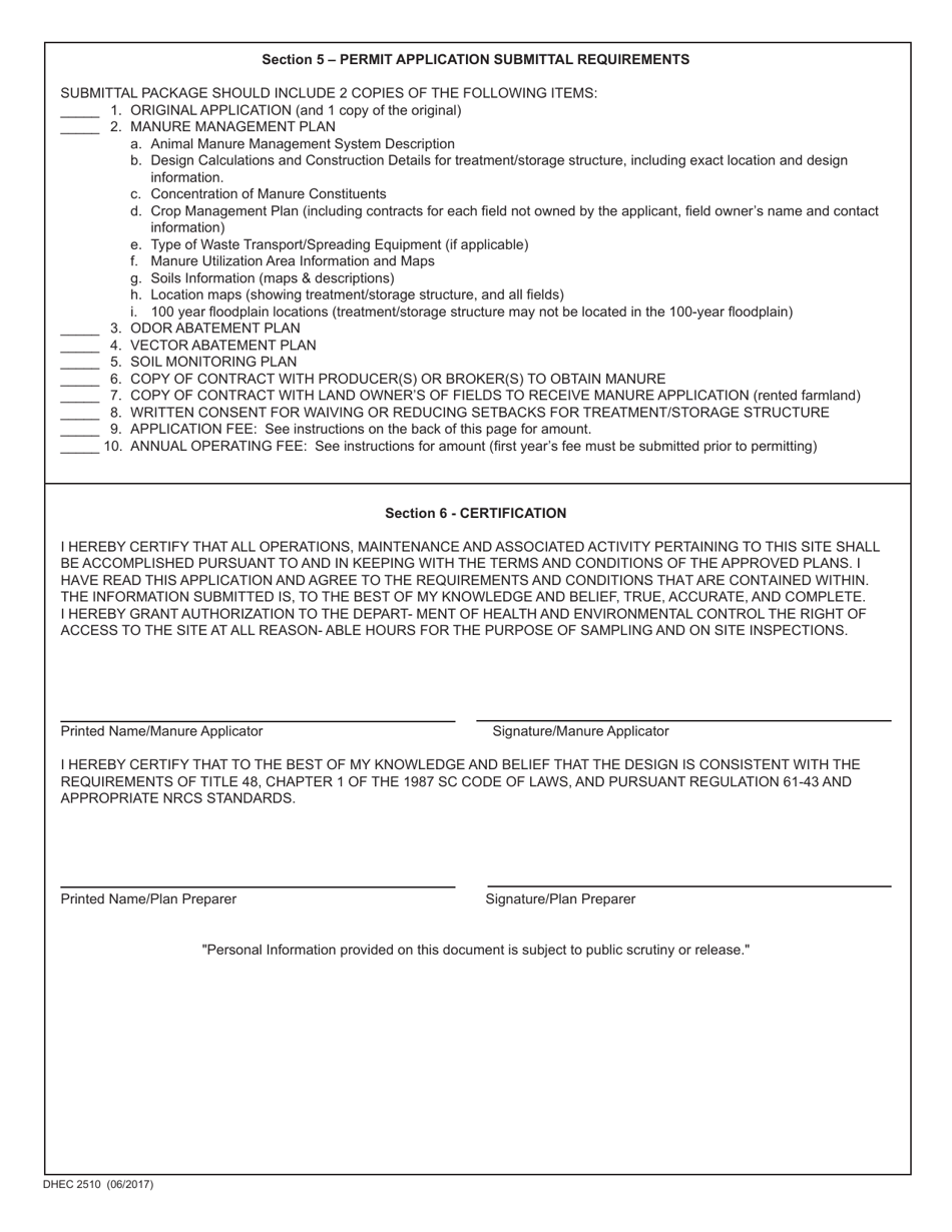 DHEC Form 2510 Standard Application Form for Agricultural Manure Applicators Permit - South Carolina, Page 3