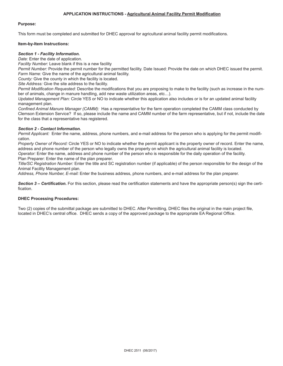 DHEC Form 2511 Standard Application Form for Agricultural Permit Modifications (For Existing Facilities) - South Carolina, Page 2