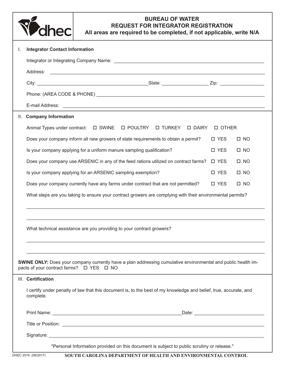 DHEC Form 2516 Request for Integrator Registration - South Carolina, Page 1