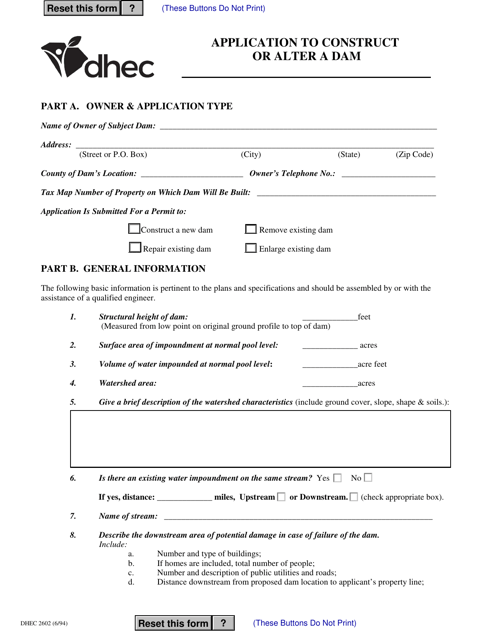 DHEC Form 2602  Printable Pdf