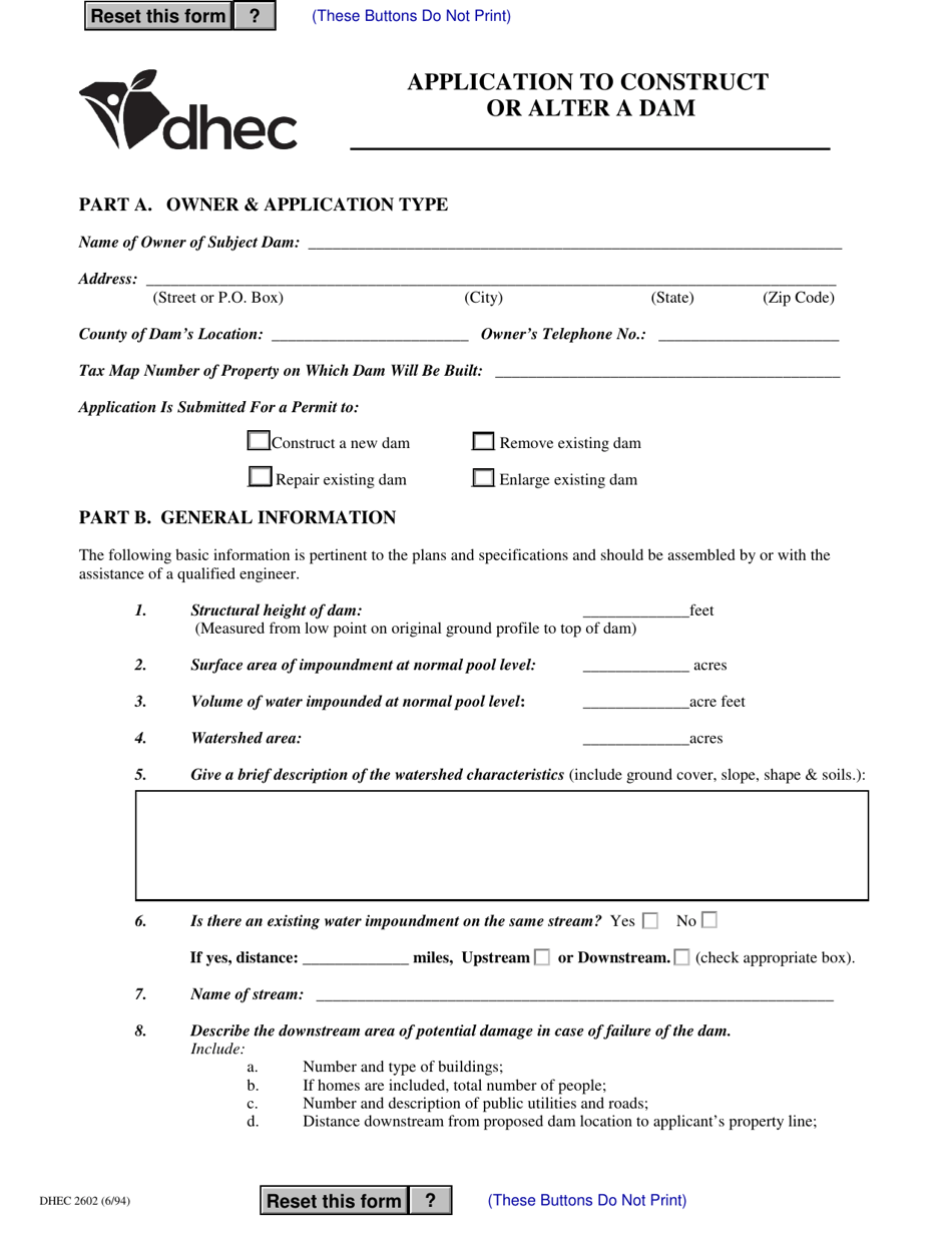 DHEC Form 2602 Application to Construct or Alter a Dam - South Carolina, Page 1