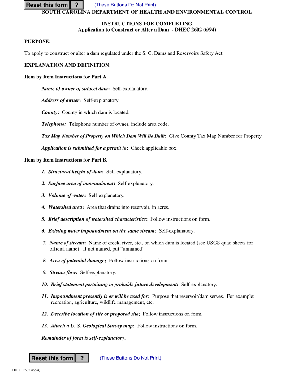 DHEC Form 2602 Application to Construct or Alter a Dam - South Carolina, Page 3