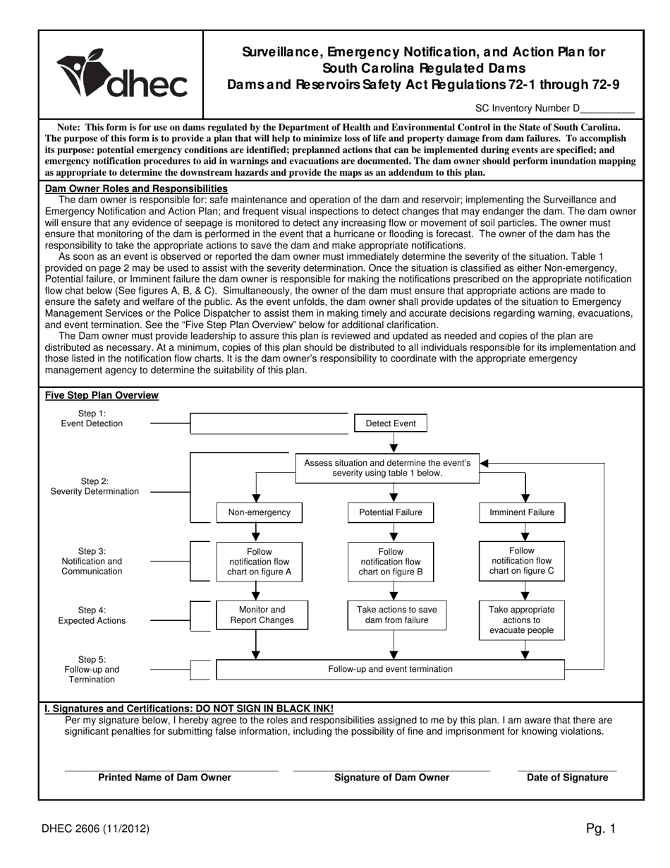 DHEC Form 2606 Surveillance, Emergency Notification, and Action Plan for South Carolina Regulated Dams - South Carolina, Page 1