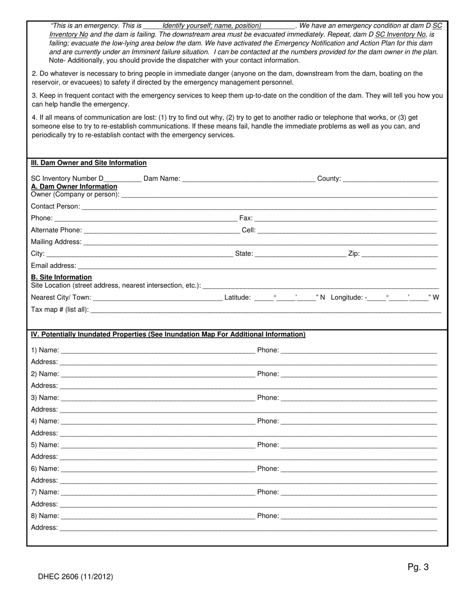 DHEC Form 2606 Surveillance, Emergency Notification, and Action Plan for South Carolina Regulated Dams - South Carolina, Page 3