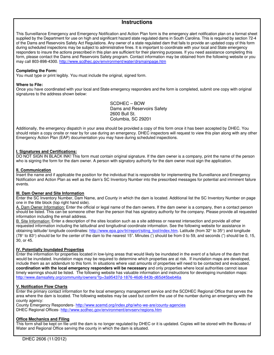 DHEC Form 2606 Surveillance, Emergency Notification, and Action Plan for South Carolina Regulated Dams - South Carolina, Page 5