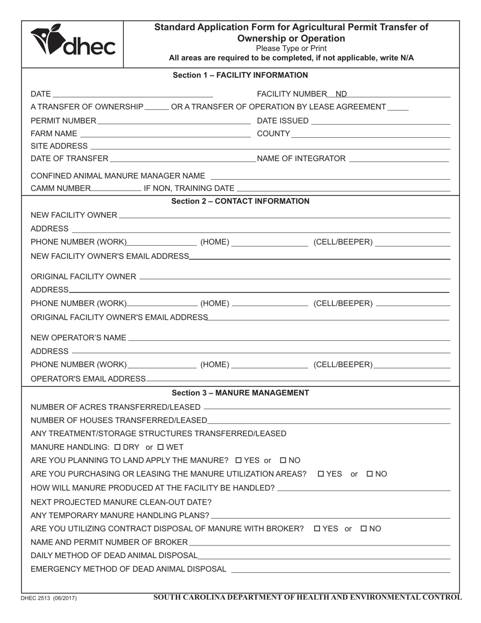 DHEC Form 2513 Standard Application Form for Agricultural Permit Transfer of Ownership or Operation - South Carolina, Page 1