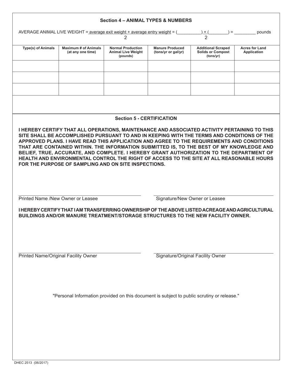 DHEC Form 2513 Standard Application Form for Agricultural Permit Transfer of Ownership or Operation - South Carolina, Page 2