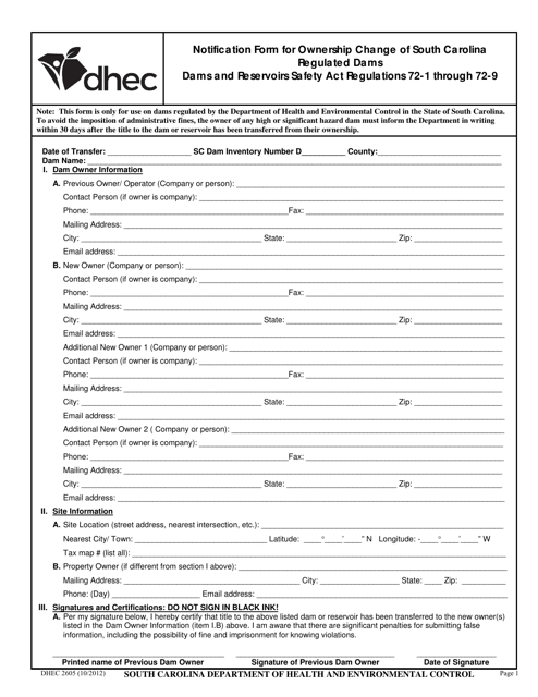 DHEC Form 2605  Printable Pdf