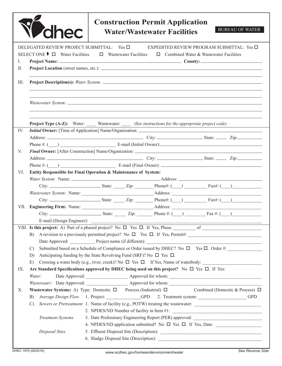 DHEC Form 1970 Construction Permit Application - Water / Wastewater Facilities - South Carolina, Page 1