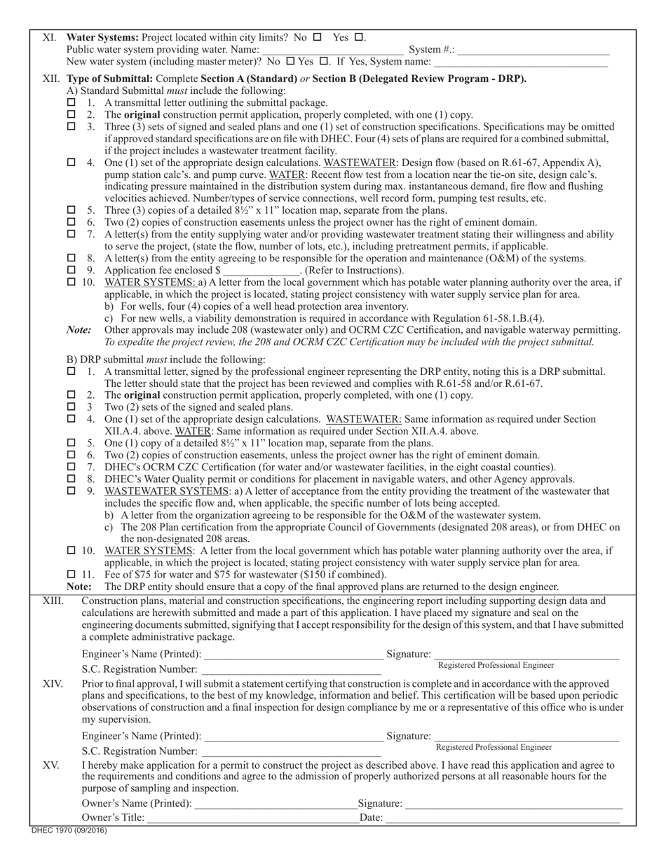 DHEC Form 1970 Construction Permit Application - Water / Wastewater Facilities - South Carolina, Page 2