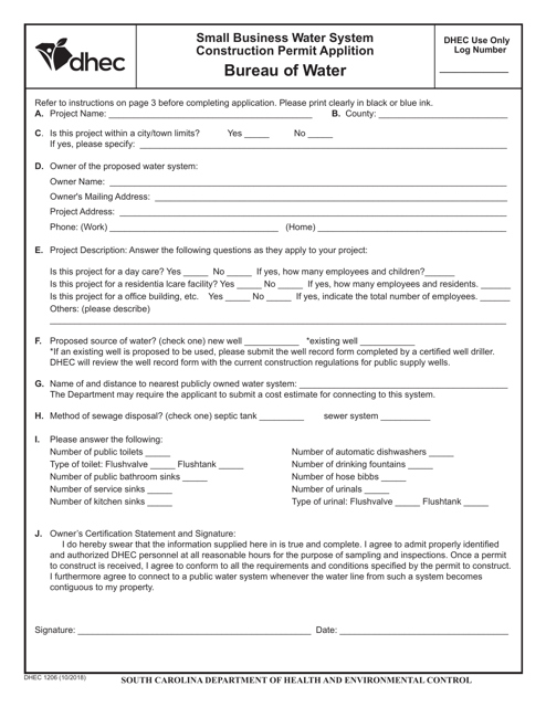 DHEC Form 1206 Small Business Water System Construction Permit Application - South Carolina