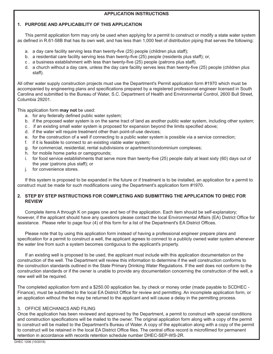DHEC Form 1206 Small Business Water System Construction Permit Application - South Carolina, Page 3