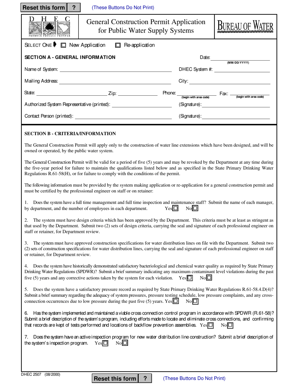 DHEC Form 2507 General Construction Permit Application for Public Water Supply Systems - South Carolina, Page 1