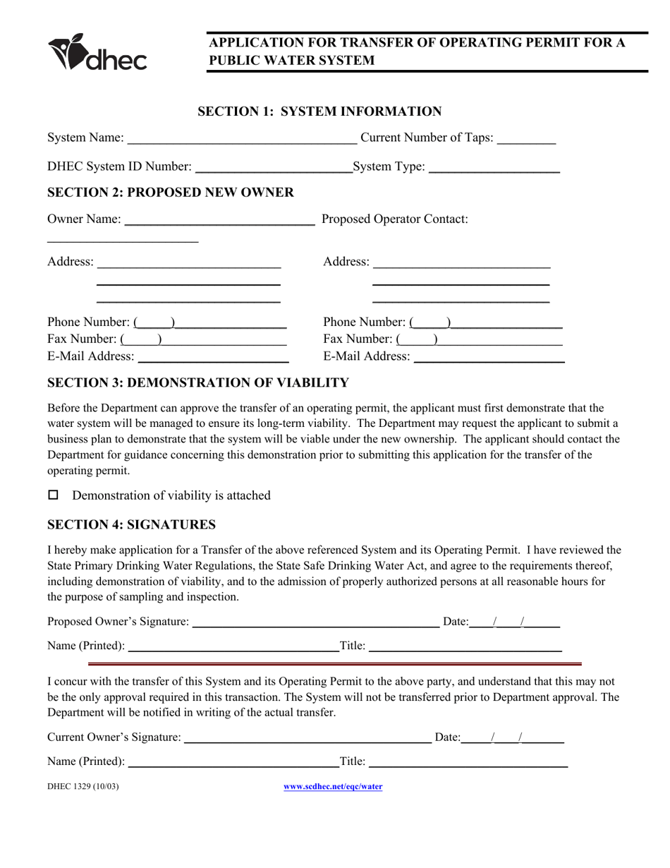 DHEC Form 1329 Application for Transfer of Operating Permit for a Public Water System - South Carolina, Page 1