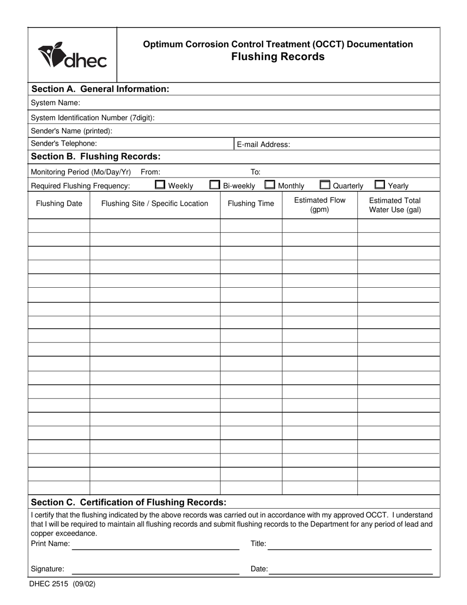 DHEC Form 2515 Optimum Corrosion Control Treatment (Occt) Documentation Flushing Records - South Carolina, Page 1