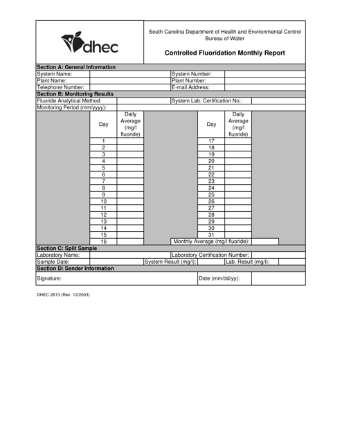 DHEC Form 2613 Controlled Fluoridation Monthly Report - South Carolina