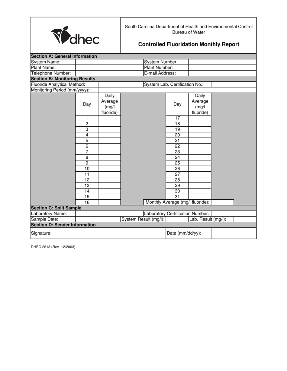 DHEC Form 2613 Controlled Fluoridation Monthly Report - South Carolina, Page 1